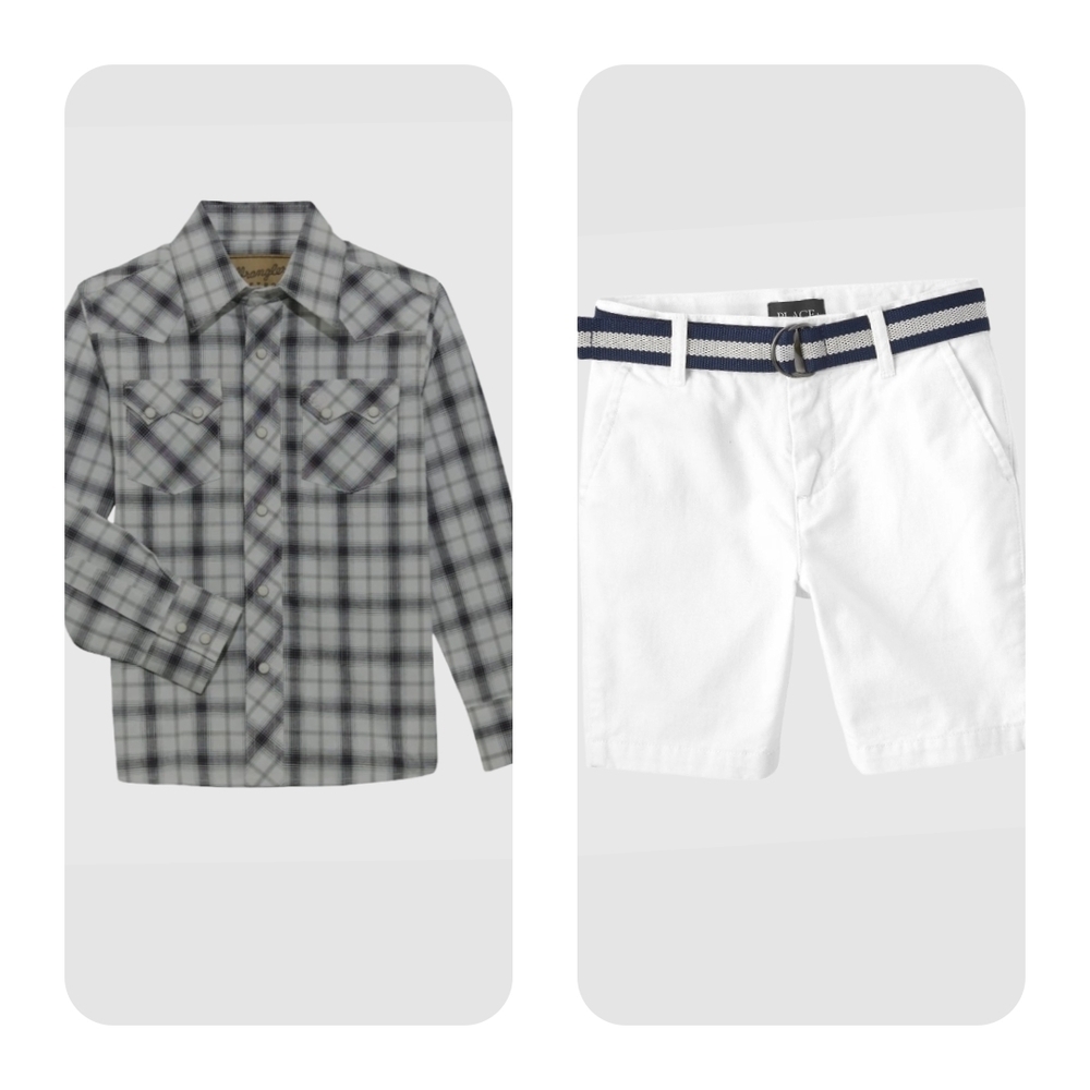Wrangler Boy  Gray Plaid Shirt and White Shorts Set Size 8